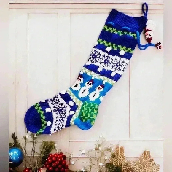 VTG Knit Christmas Stocking Snowman Blue Green Snowman Tassels Crochet Yarn - Picture 1 of 9